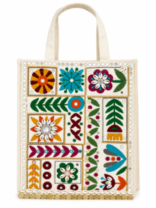 Artisan Floral Mosaic Embellished Tote Bag with Decorative Accents
