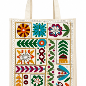 Artisan Floral Mosaic Embellished Tote Bag with Decorative Accents